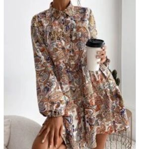 Paisley Print Mini Shirt Dress — White Multi